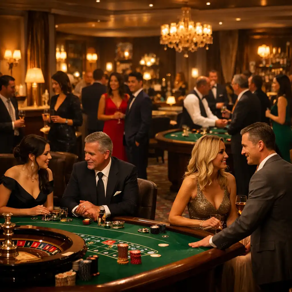 Ambiance exclusive d’une soirée casino privée avec invités élégants et tables de jeu premium