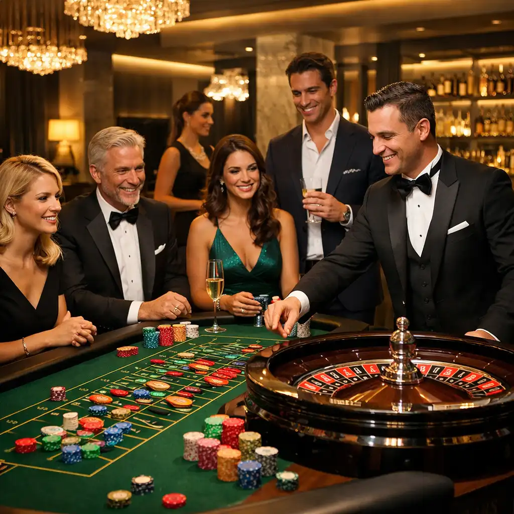 Tables de jeux de casino VIP avec croupiers professionnels et invités élégants