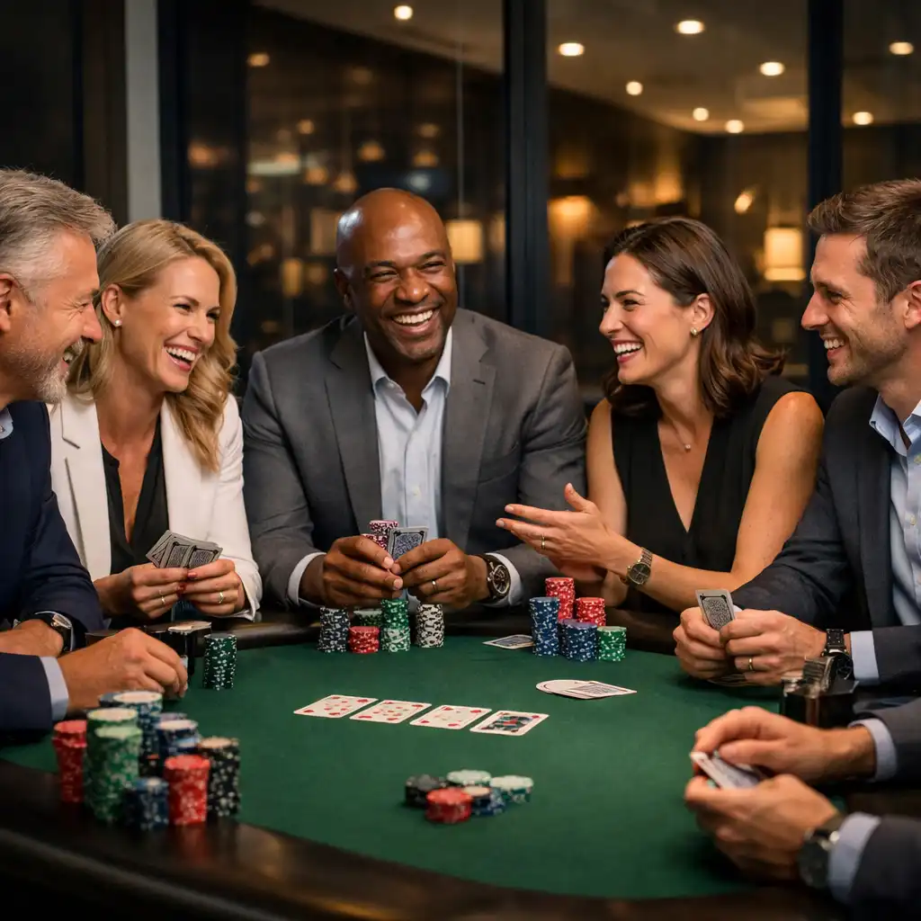 Animation poker de team building avec collaborateurs réunis autour d’une table de jeu