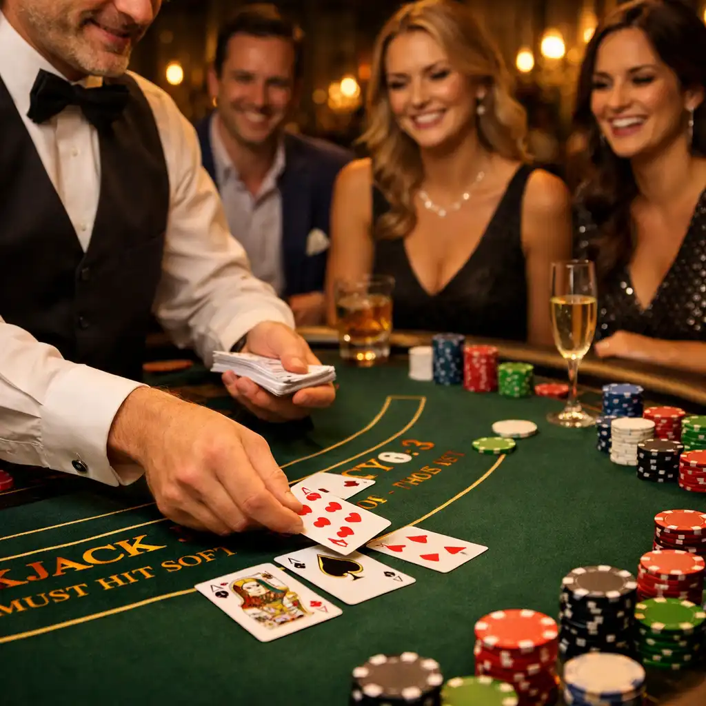 Croupier animant une table de jeu lors d’une soirée casino privée sans mises financières