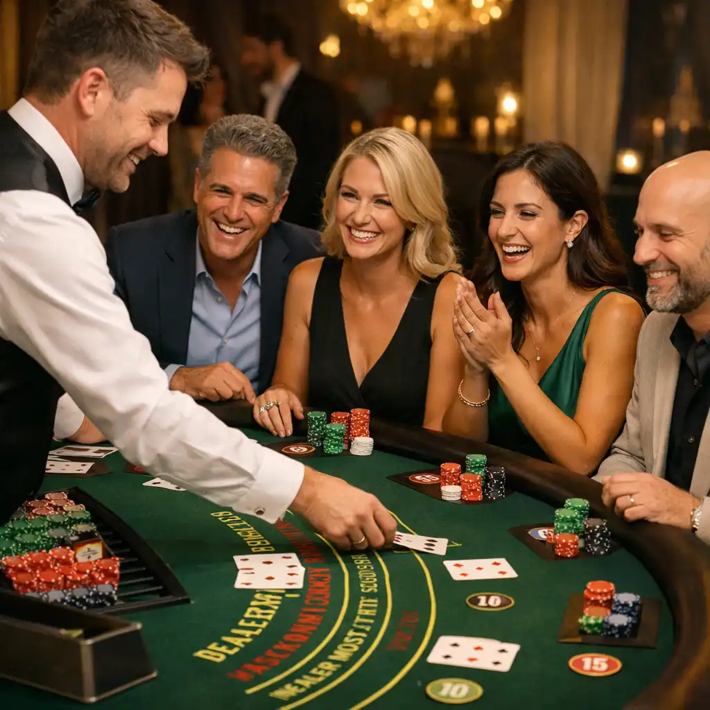 Participants détendus jouant au blackjack lors d’une animation événementielle sans enjeu financier