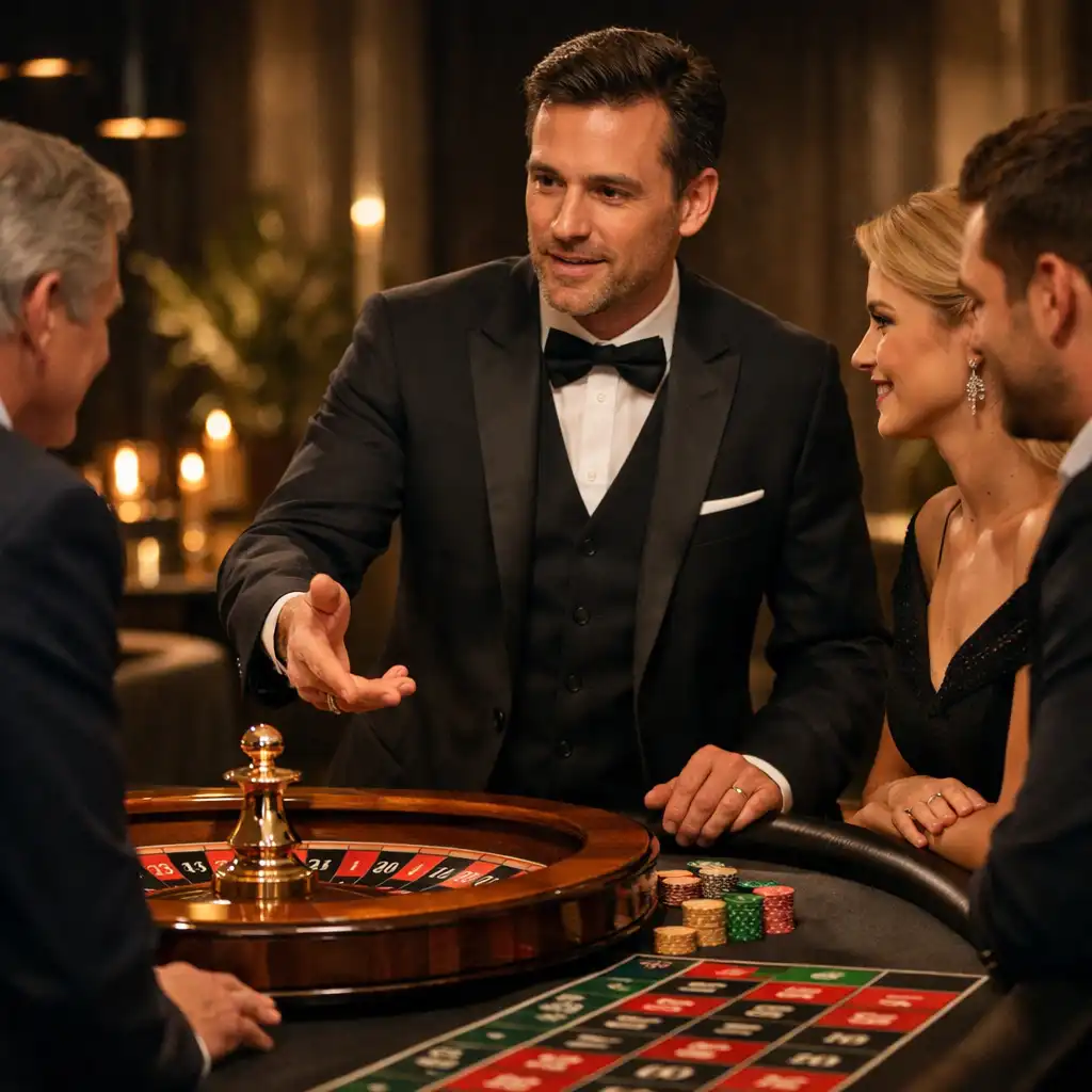 Croupier de roulette événementielle animant une table lors d'une soirée d'entreprise chic