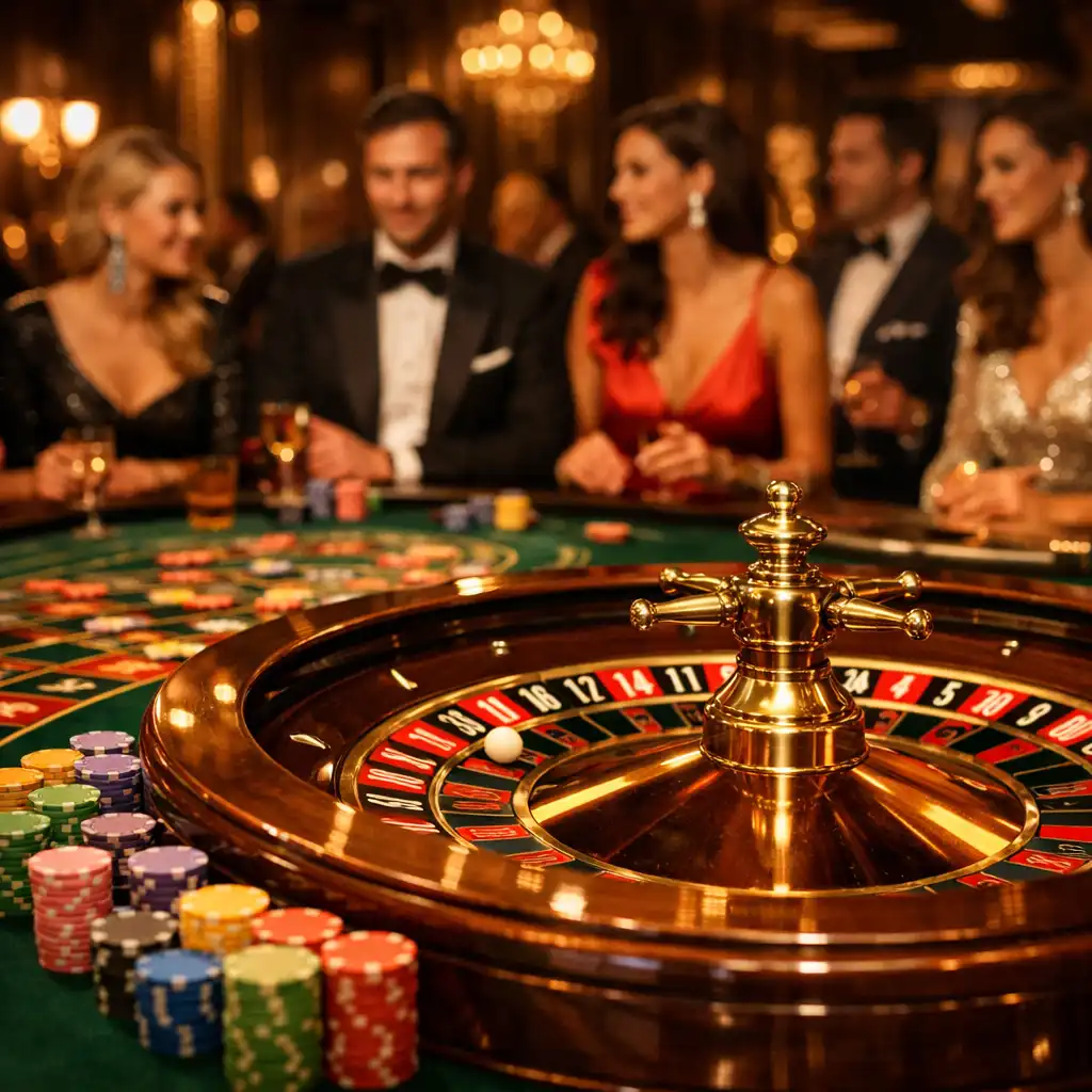 Table de roulette événementielle élégamment éclairée lors d'une soirée casino Hol' IN