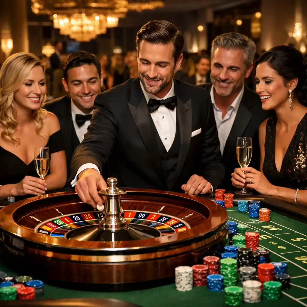 Table de roulette élégante et invités en tenue de soirée dans un décor glamour