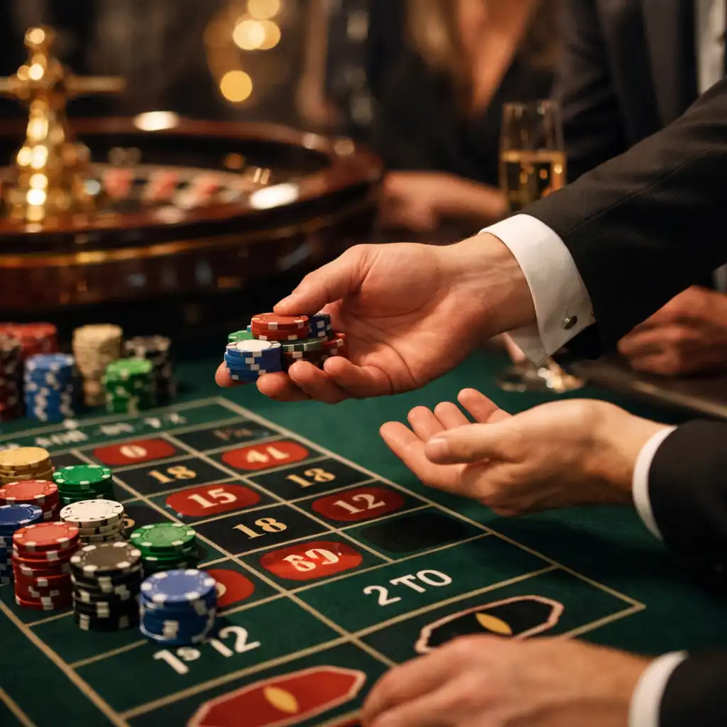 Animation de table de roulette avec jetons colorés et croupier lors d'un événement privé