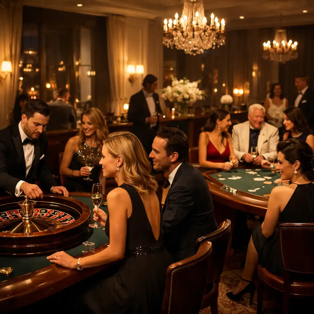Ambiance élégante de soirée casino privée avec tables de jeu et lumière feutrée