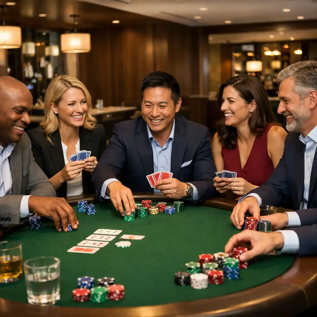 Animation poker en entreprise avec collaborateurs élégants autour de la table