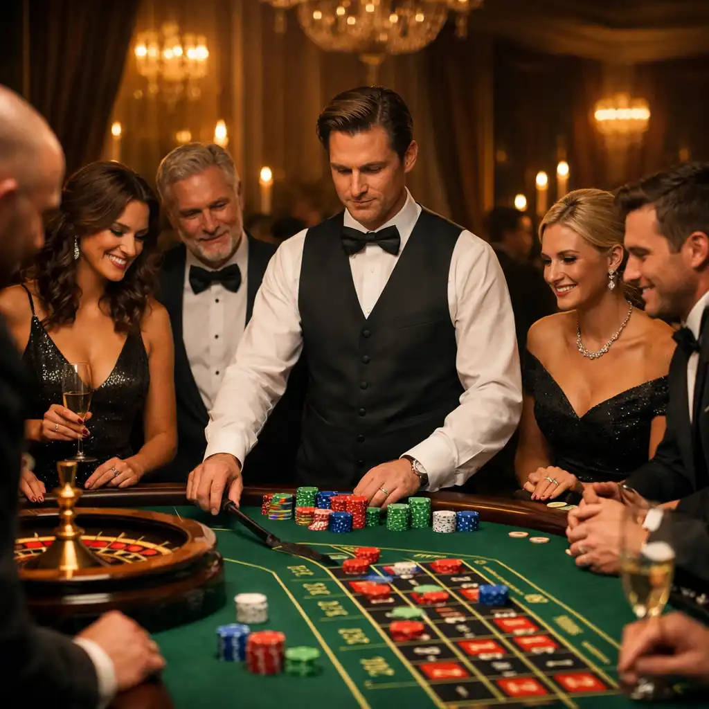 Table de casino élégante éclairée de lumières vert émeraude lors d’une soirée Hol' IN