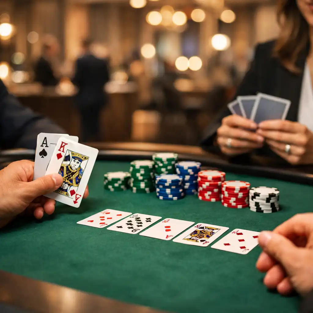 Croupier professionnel animant une table de poker lors d’un événement corporate